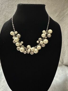 VTG Faux Pearl and Stainless Beads Cluster Necklace Stamped SMD Stainless Steel